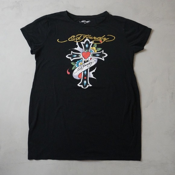 Ed Hardy Tops - Ed Hardy Graphic T-Shirt 3X Womens Black Cross Heart Tattoo Y2K Style